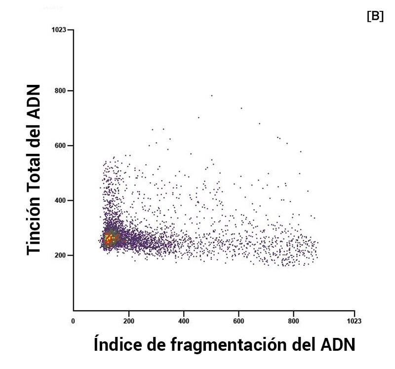 Gráfico de citometría de flujo con alta fragmentación del ADN